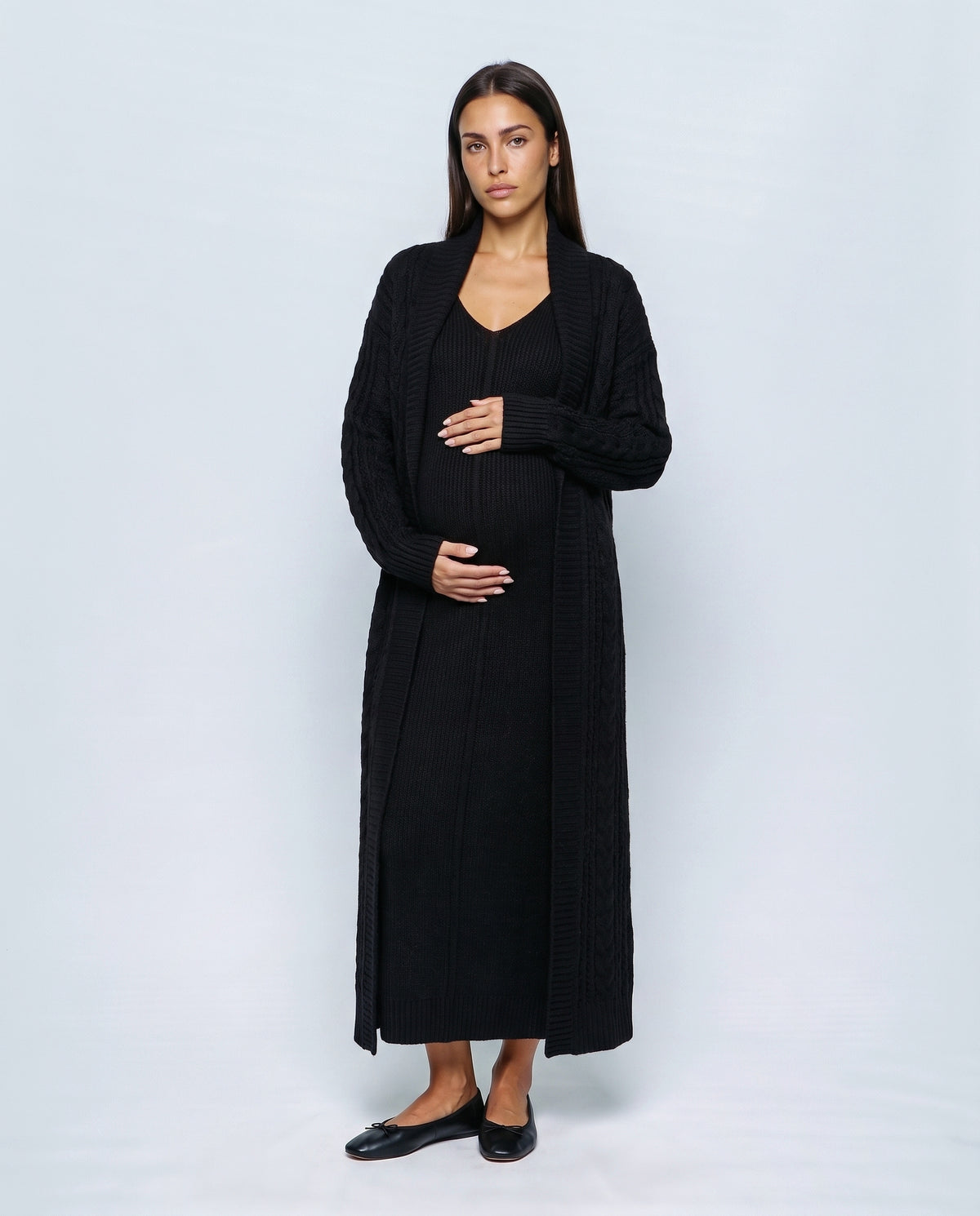 Josephine Dress & Cable Cardigan Set in Black, front view