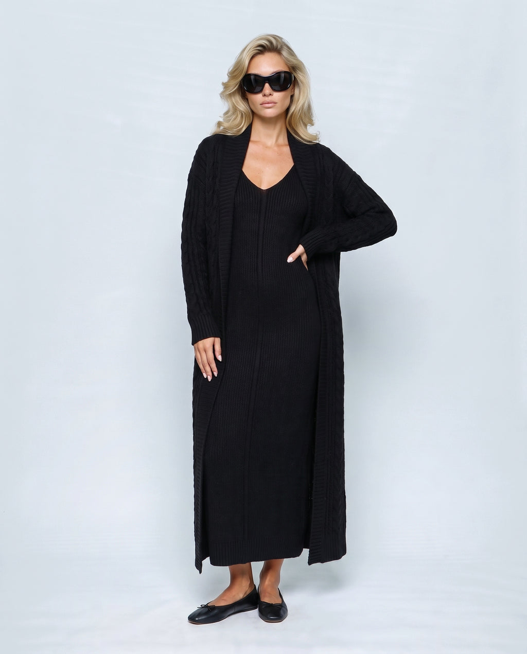 Josephine Dress & Cable Cardigan Set in Black, front view on a non-pregnant model