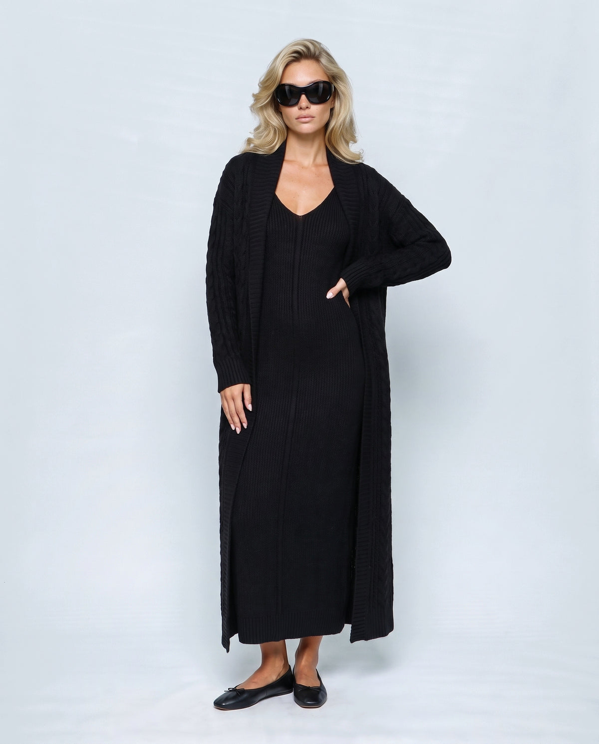 Josephine Dress & Cable Cardigan Set in Black, front view on a non-pregnant model