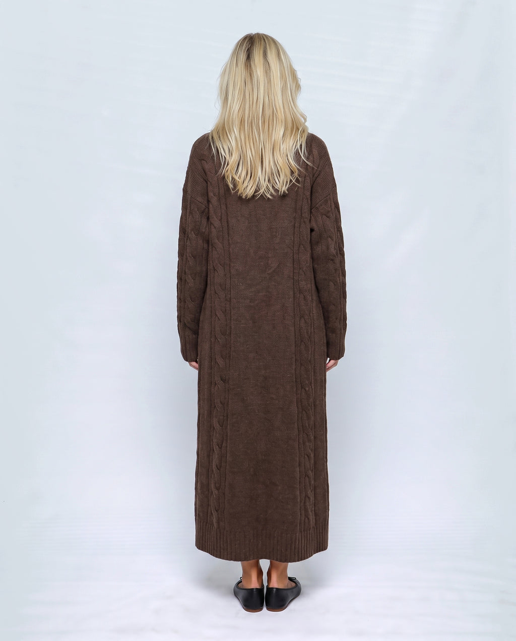 Josephine Dress & Cable Cardigan Set in Chocolate, back view on a non-pregnant model
