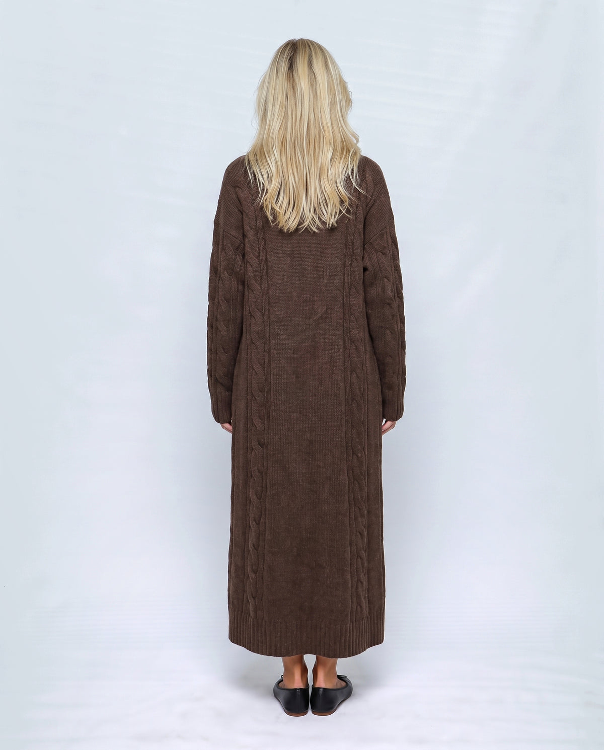 Josephine Dress & Cable Cardigan Set in Chocolate, back view on a non-pregnant model