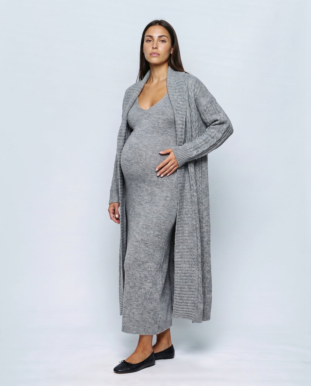 Josephine Dress & Cable Cardigan Set in Grey, front view