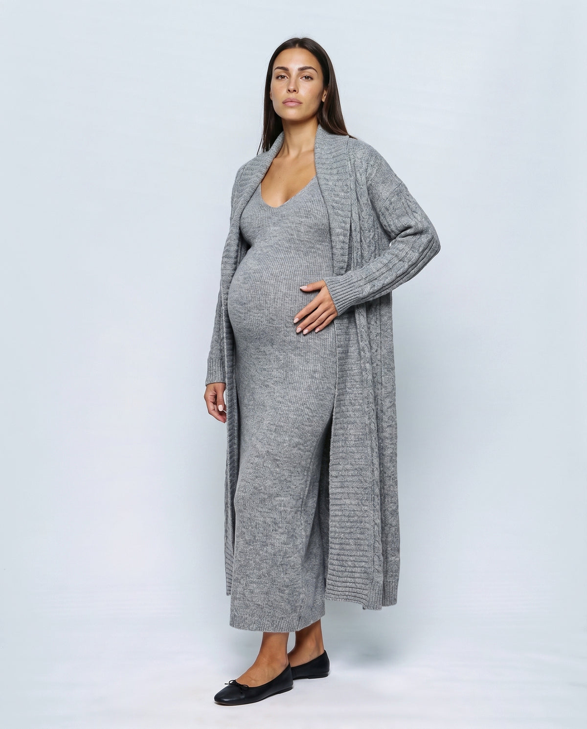 Josephine Dress & Cable Cardigan Set in Grey, front view