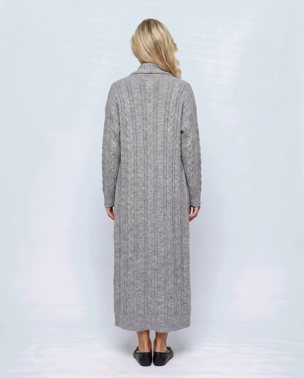 Josephine Dress & Cable Cardigan Set in Grey, back view on a non-pregnant model