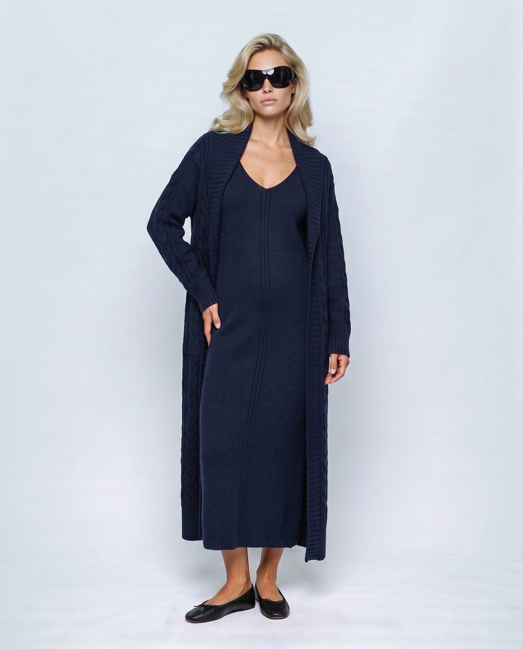 Josephine Dress & Cable Cardigan Set in Navy, front view on a non-pregnant model