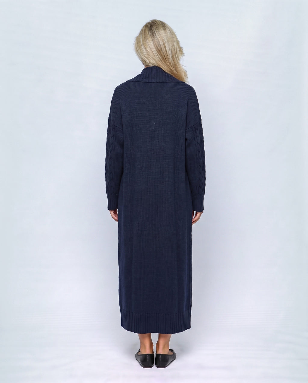 Josephine Dress & Cable Cardigan Set in Navy, back view on a non-pregnant model