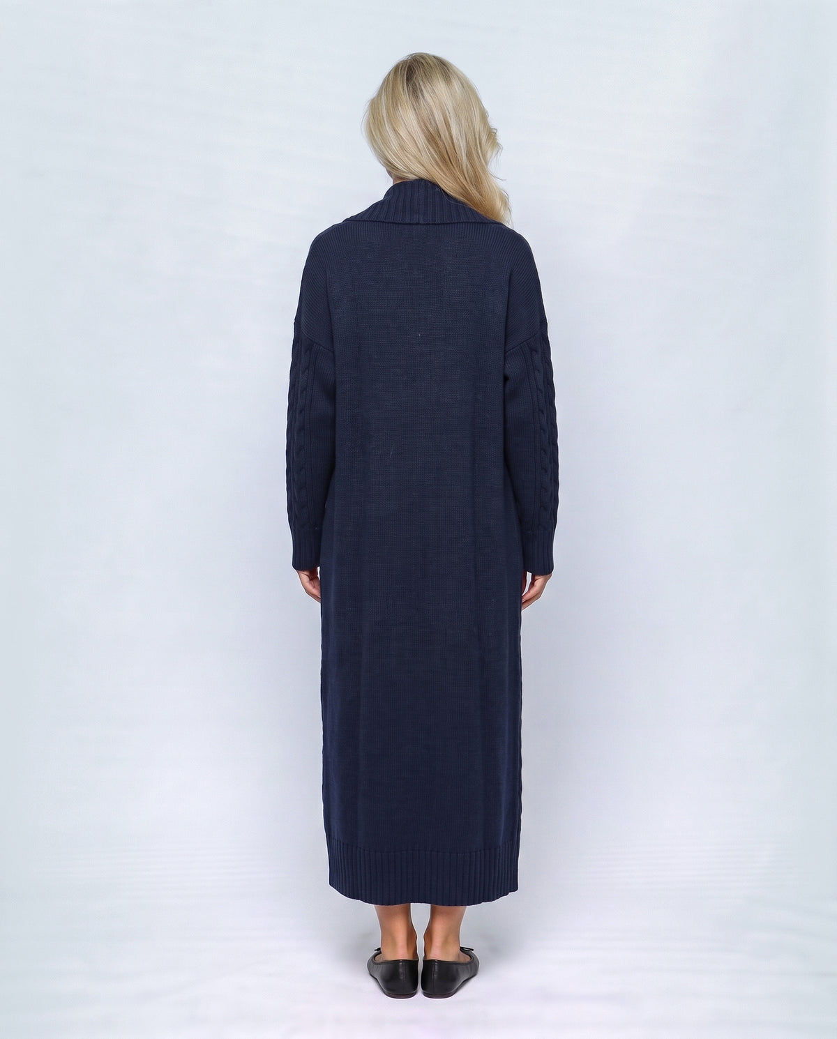 Josephine Dress & Cable Cardigan Set in Navy, back view on a non-pregnant model