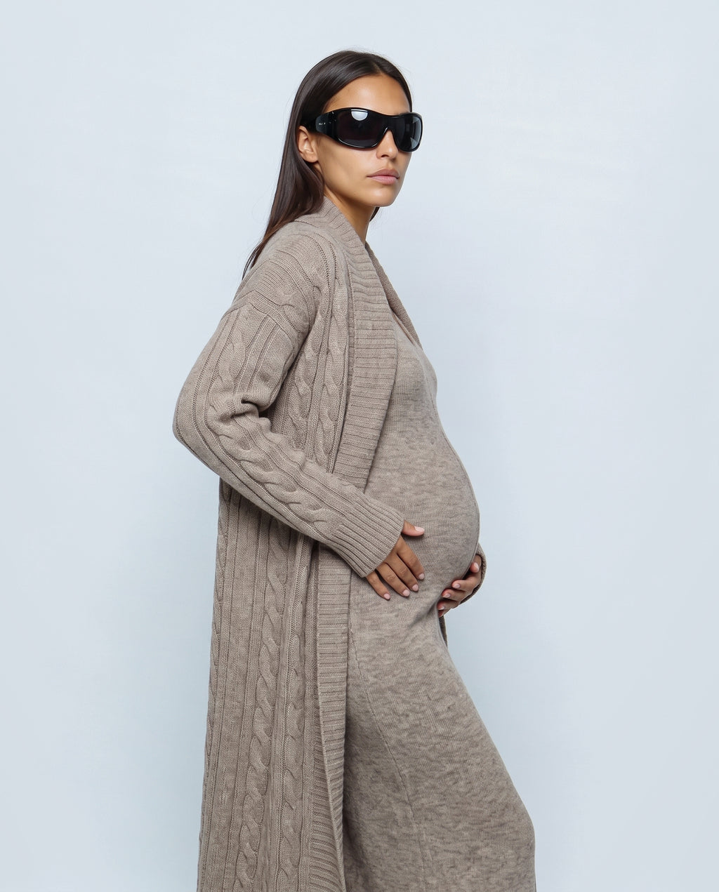 Josephine Dress & Cable Cardigan Set in Oatmeal taupe, side view