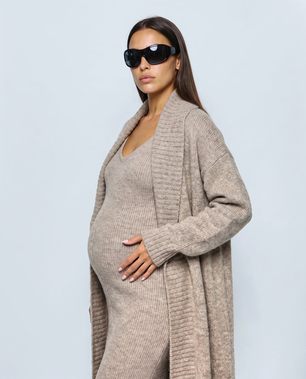 Josephine Dress & Cable Cardigan Set in Oatmeal taupe, side close-up
