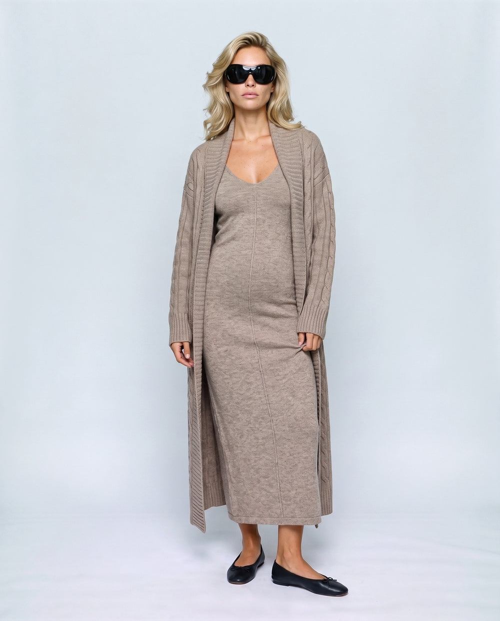 Josephine Dress & Cable Cardigan Set in Oatmeal taupe, front view on a non-pregnant model
