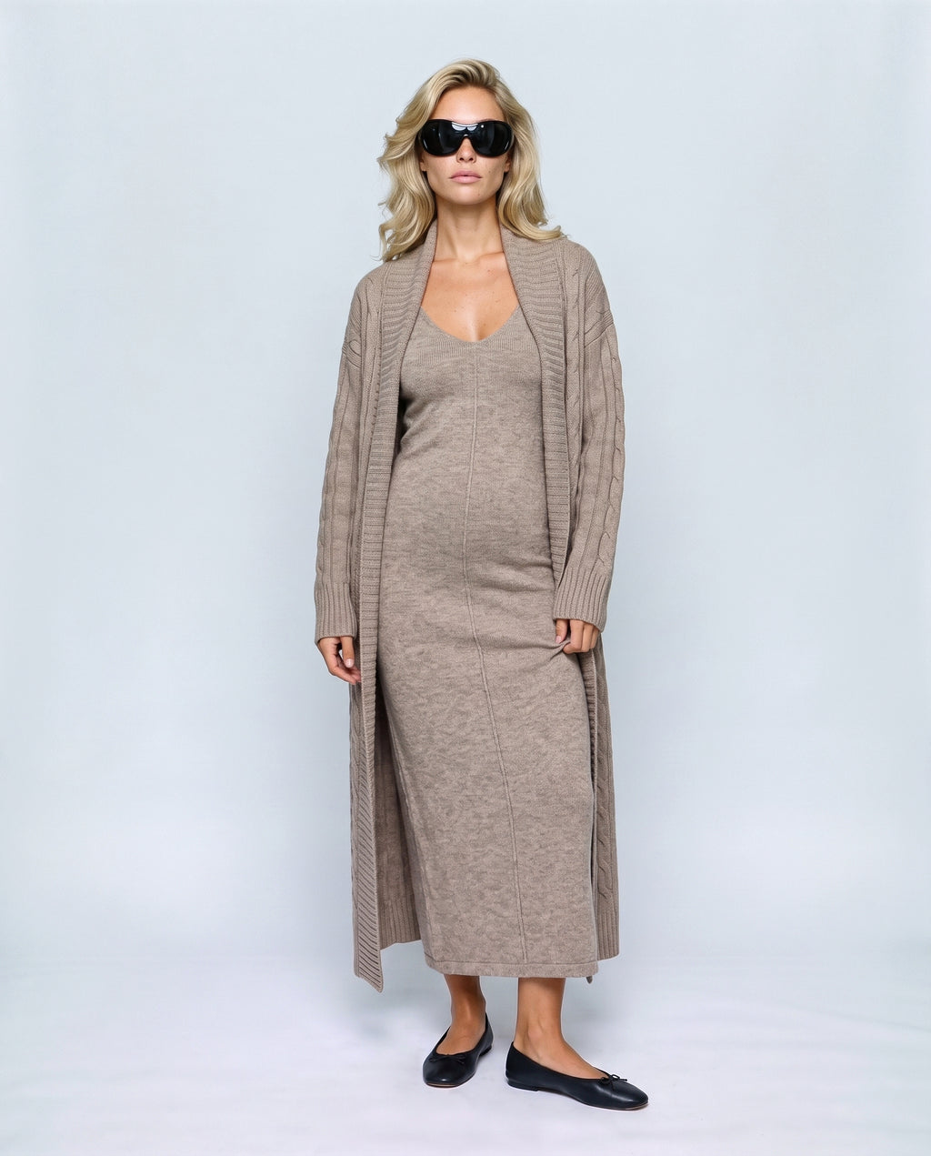 Josephine Dress & Cable Cardigan Set in Oatmeal taupe, front view on a non-pregnant model