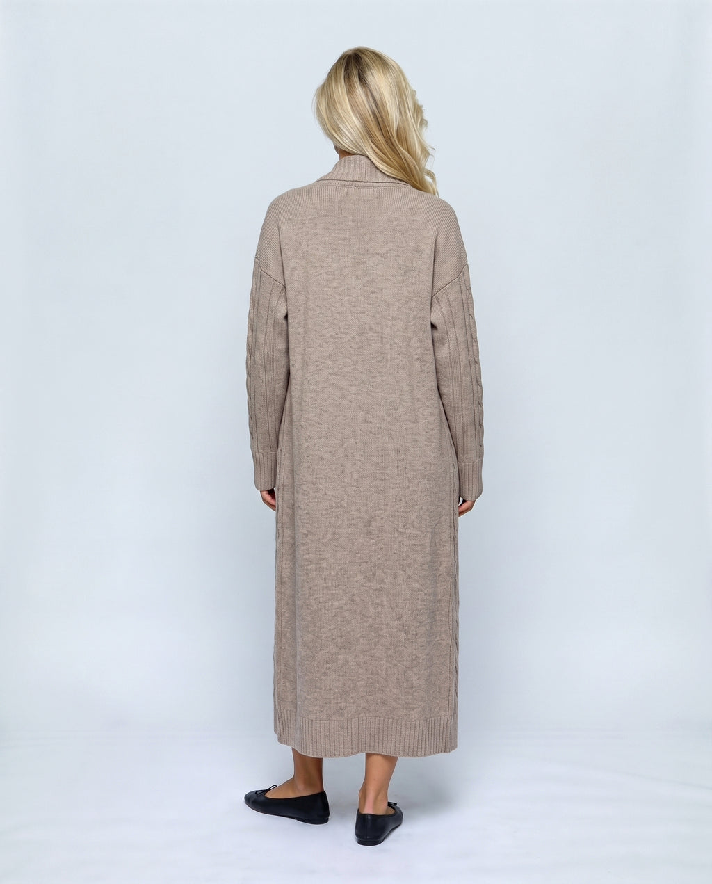 Josephine Dress & Cable Cardigan Set in Oatmeal taupe, back view on a non-pregnant model