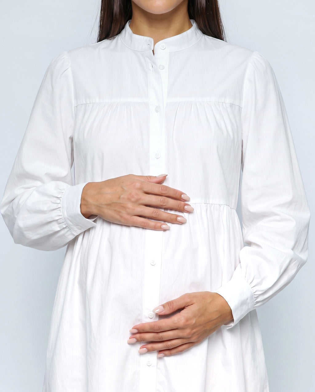 Adele Maternity Shirt Dress in Optic white, fabric detail