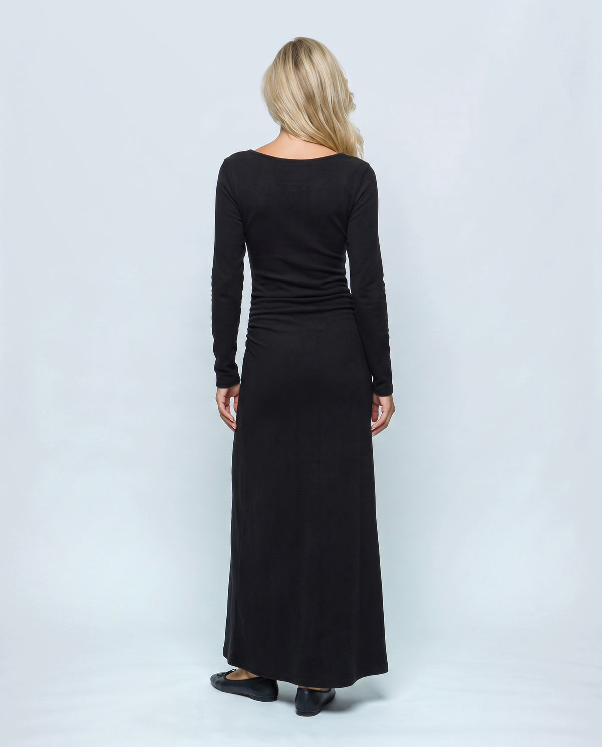 The Funnel-Neck Maxi Dress in Black, back view on a non-pregnant model