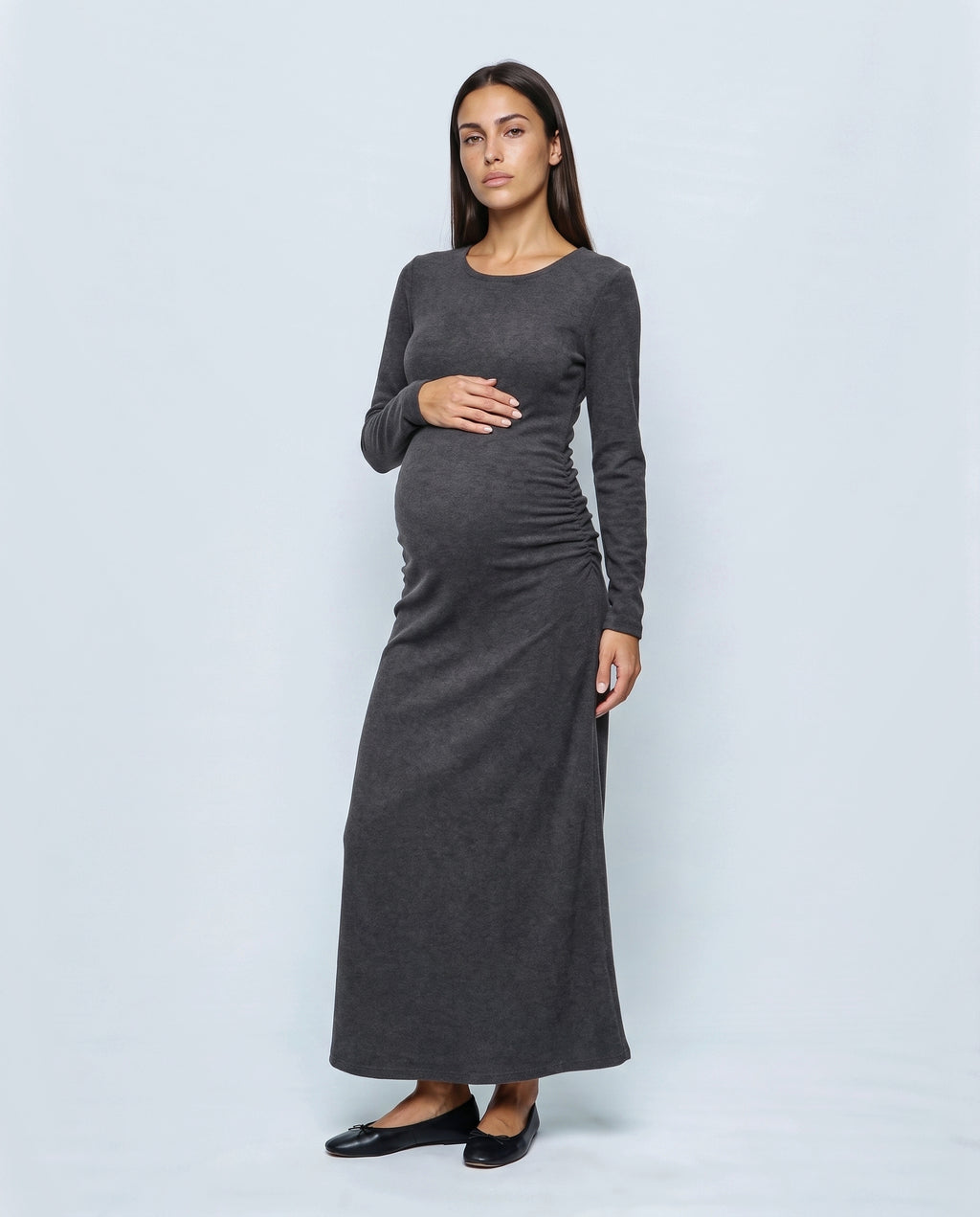 The Funnel-Neck Maxi Dress in Charcoal, front view