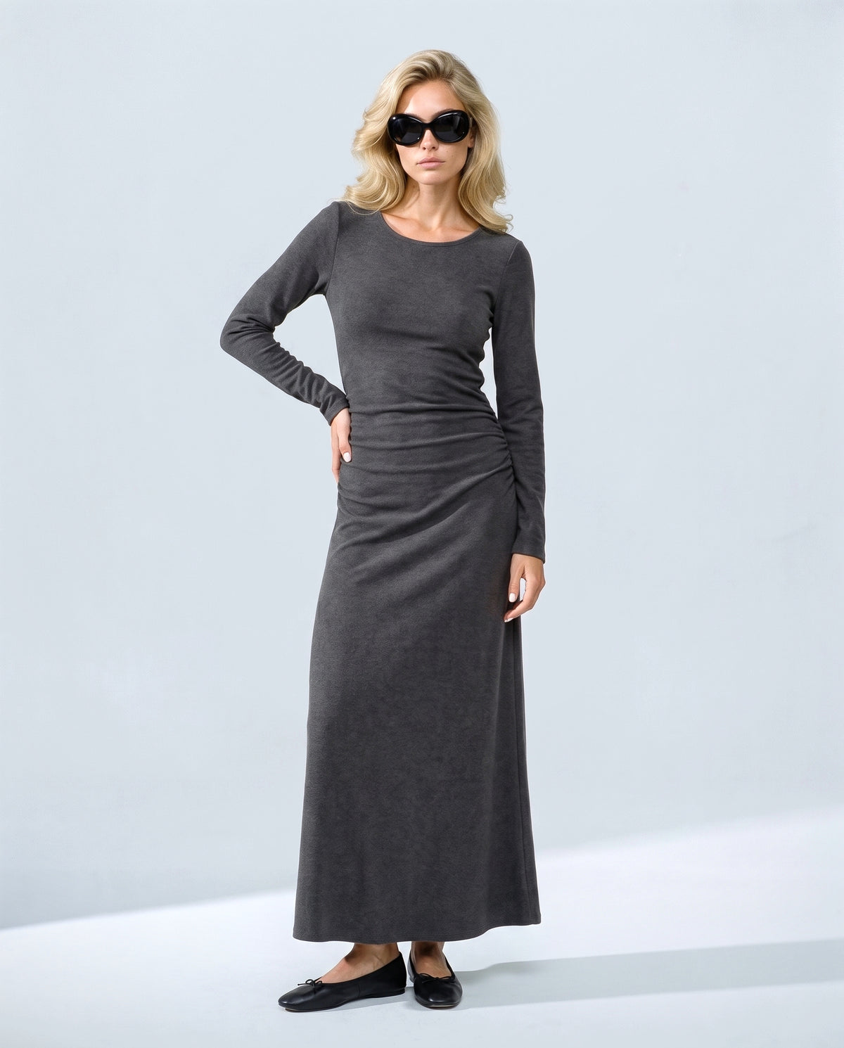 The Funnel-Neck Maxi Dress in Charcoal, front view on a non-pregnant model