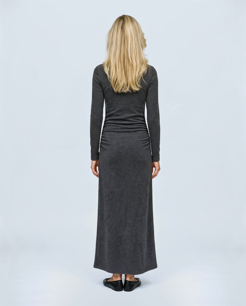 The Funnel-Neck Maxi Dress in Charcoal, back view on a non-pregnant model