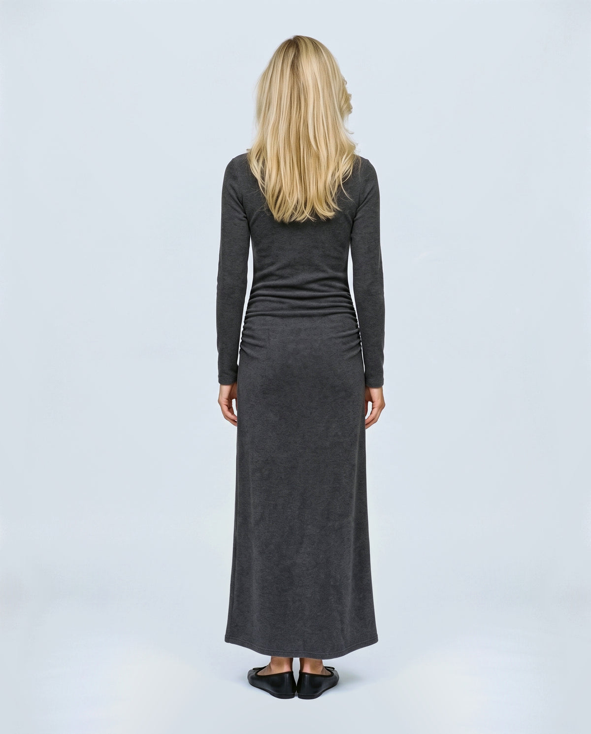 The Funnel-Neck Maxi Dress in Charcoal, back view on a non-pregnant model