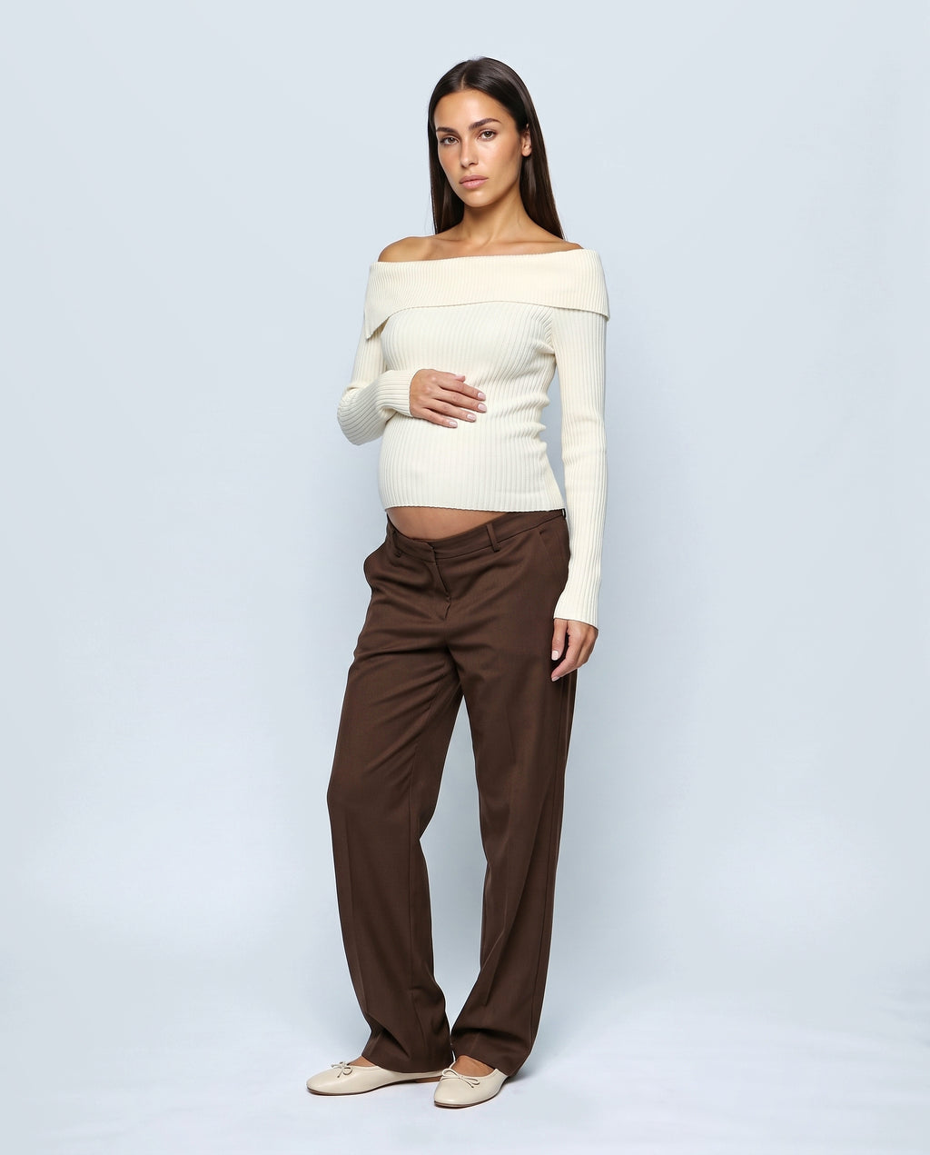 The Bardot Ribbed Top in Cream, front view