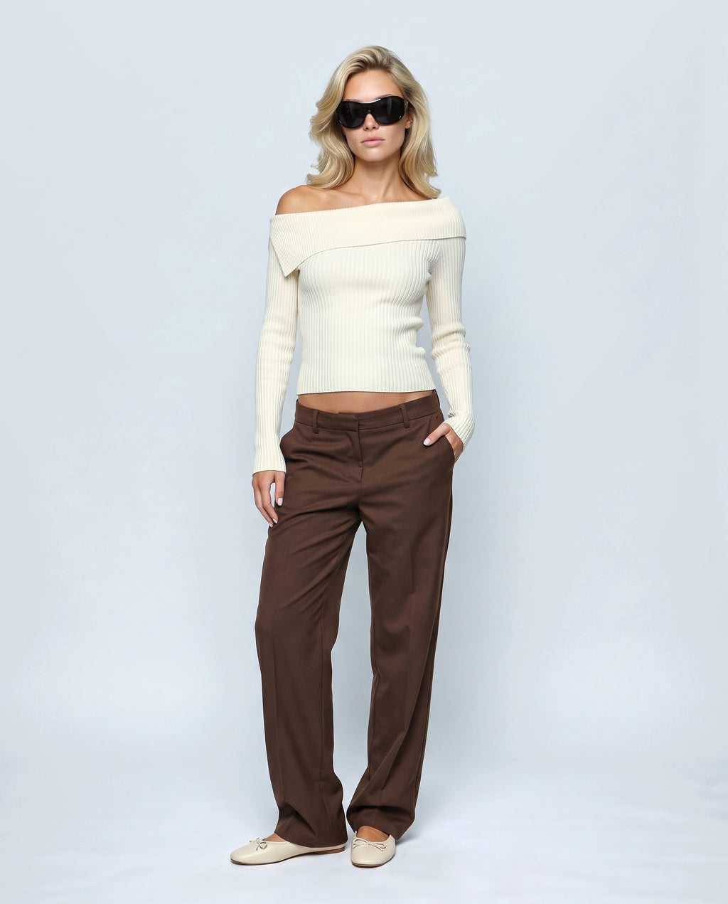 The Bardot Ribbed Top in Cream, front view on a non-pregnant model