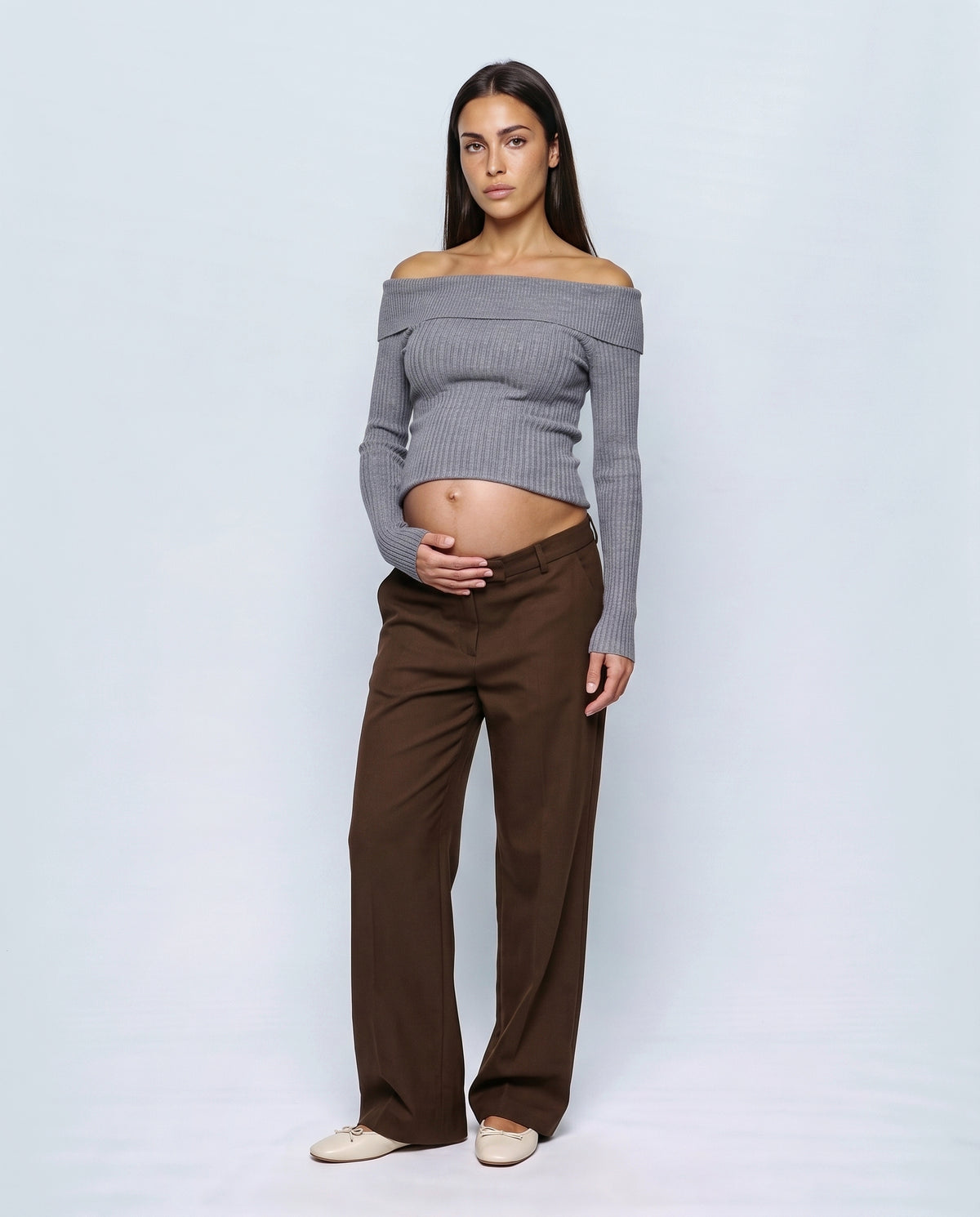 The Bardot Ribbed Top in Grey, front view