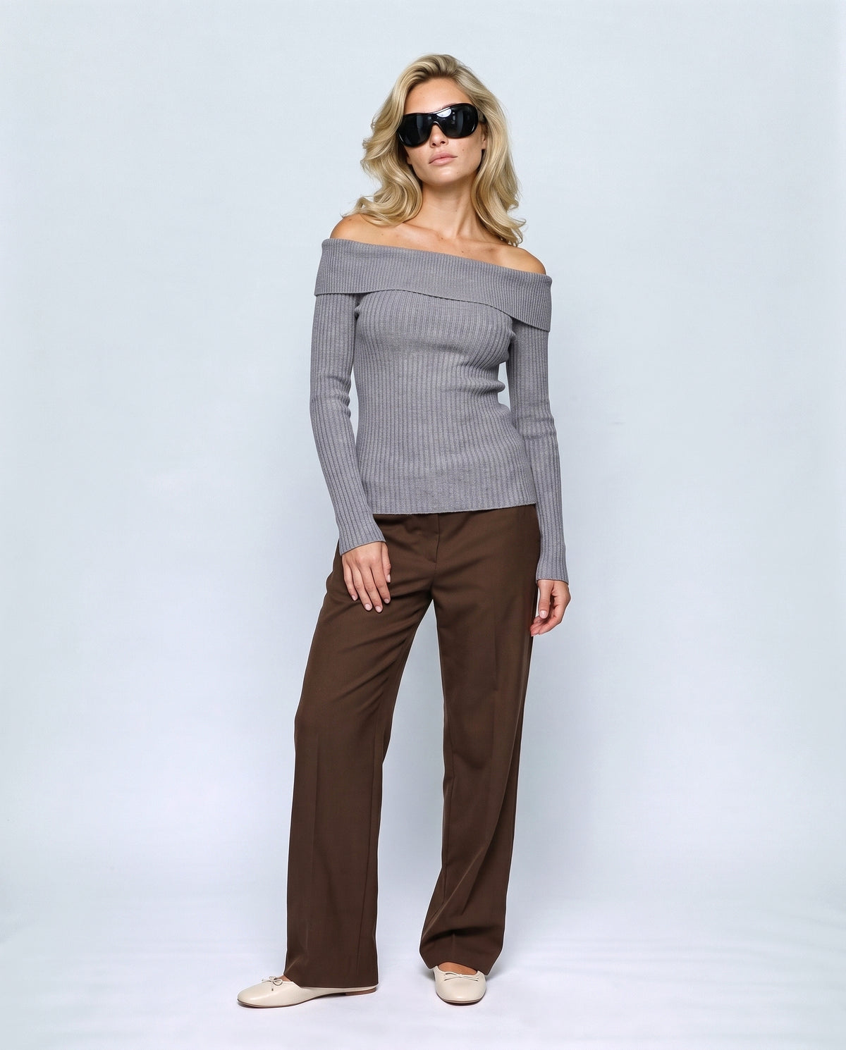 The Bardot Ribbed Top in Grey, front view on a non-pregnant model