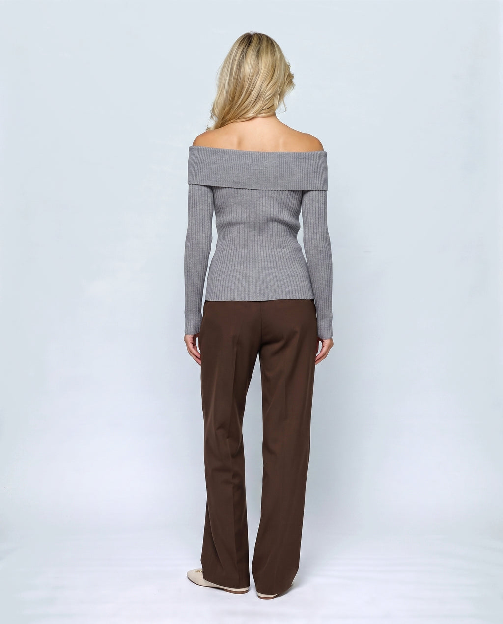 The Bardot Ribbed Top in Grey, back view on a non-pregnant model