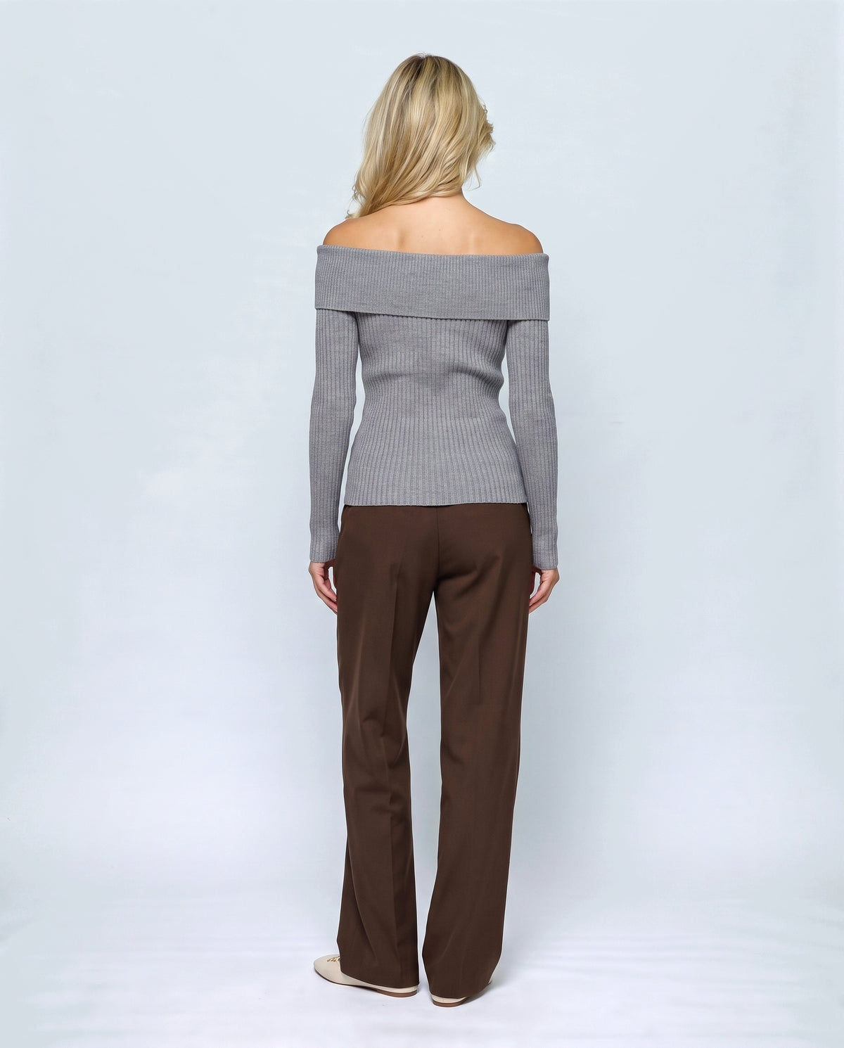The Bardot Ribbed Top in Grey, back view on a non-pregnant model