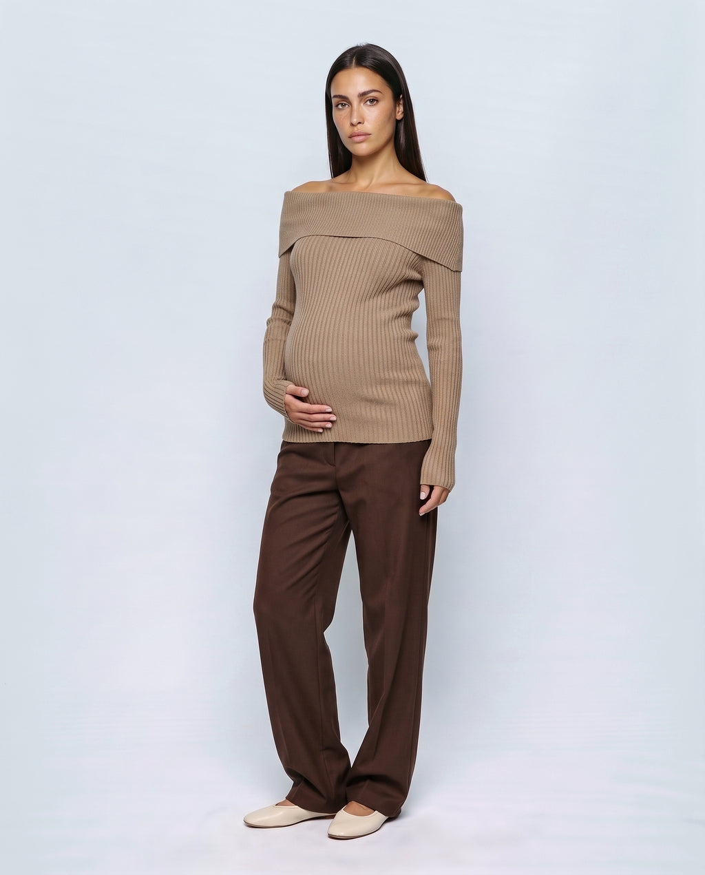 The Bardot Ribbed Top in Taupe camel, front view