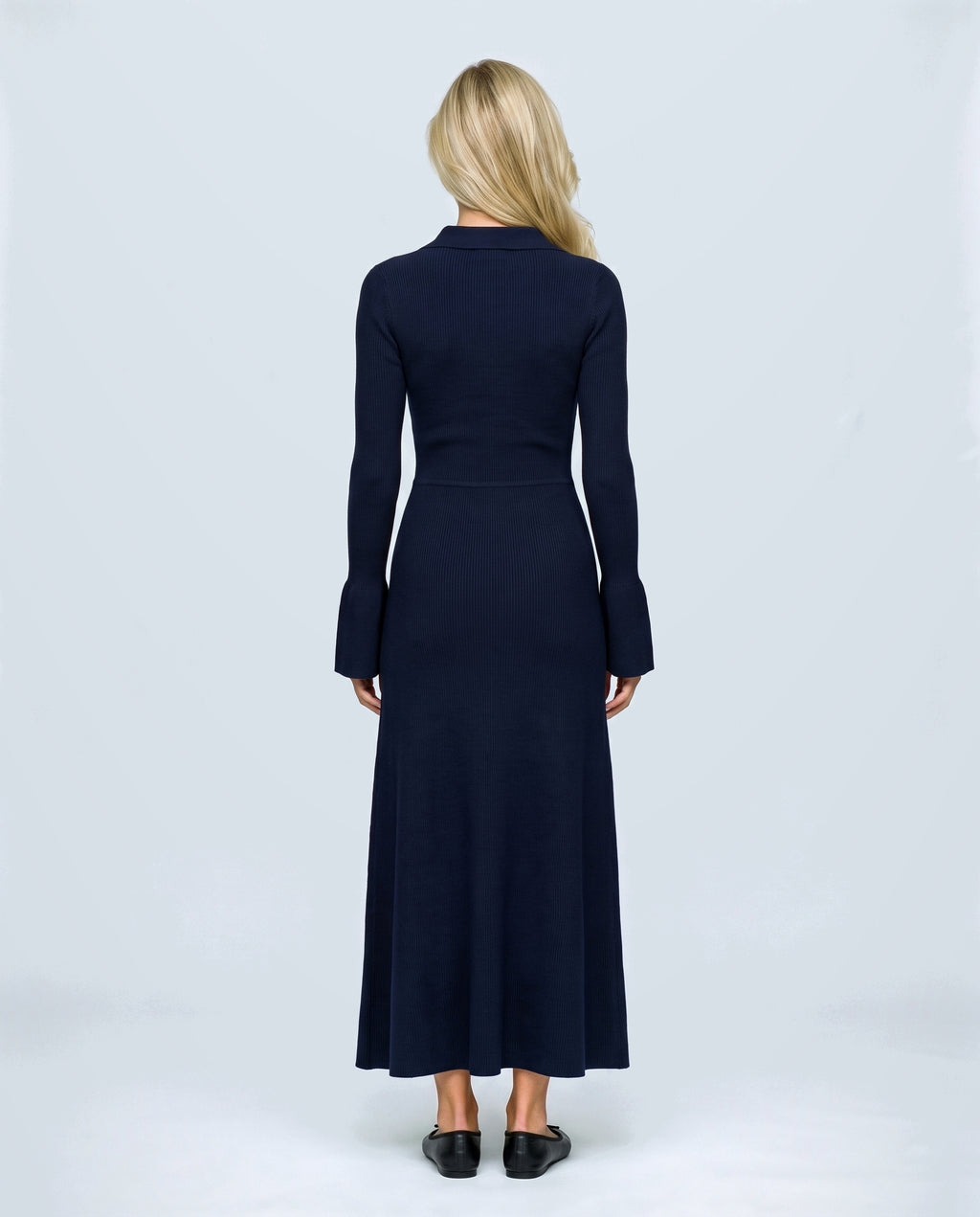 Sophie Tie-Neck Maternity Dress in Navy, back view on a non-pregnant model