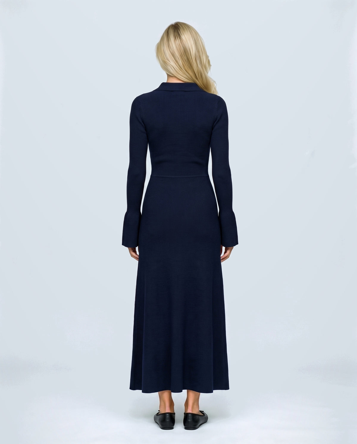 Sophie Tie-Neck Maternity Dress in Navy, back view on a non-pregnant model