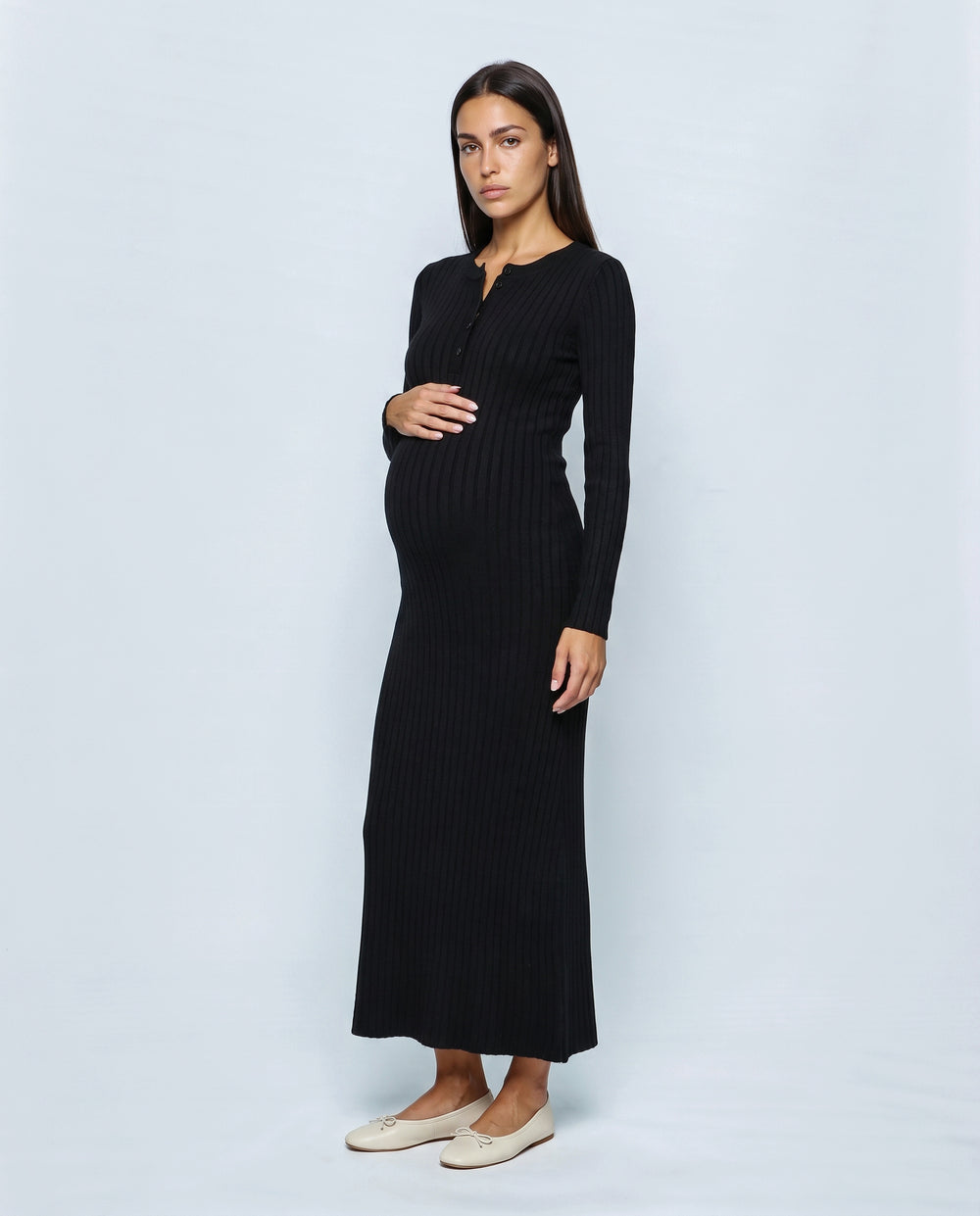 Elise Long-Sleeve Maternity Dress in Black, front view