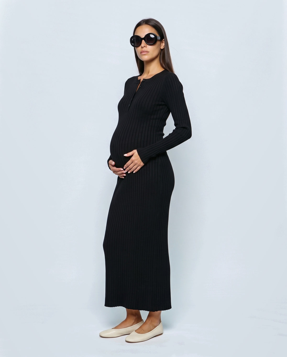 Elise Long-Sleeve Maternity Dress in Black, side view