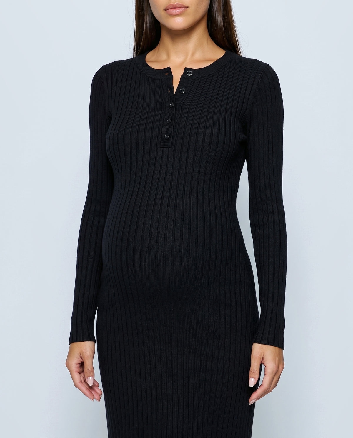 Elise Long-Sleeve Maternity Dress in Black, fabric detail