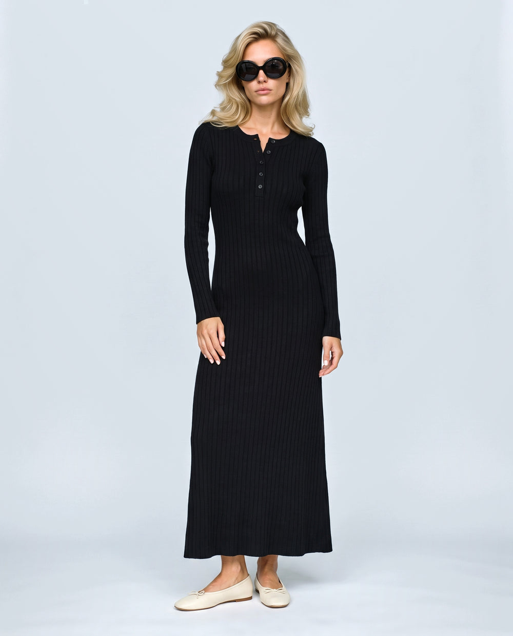 Elise Long-Sleeve Maternity Dress in Black, front view on a non-pregnant model