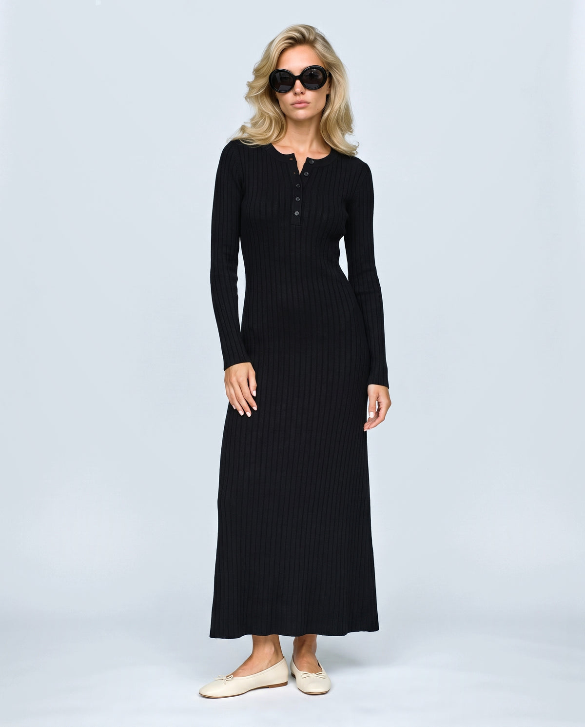 Elise Long-Sleeve Maternity Dress in Black, front view on a non-pregnant model