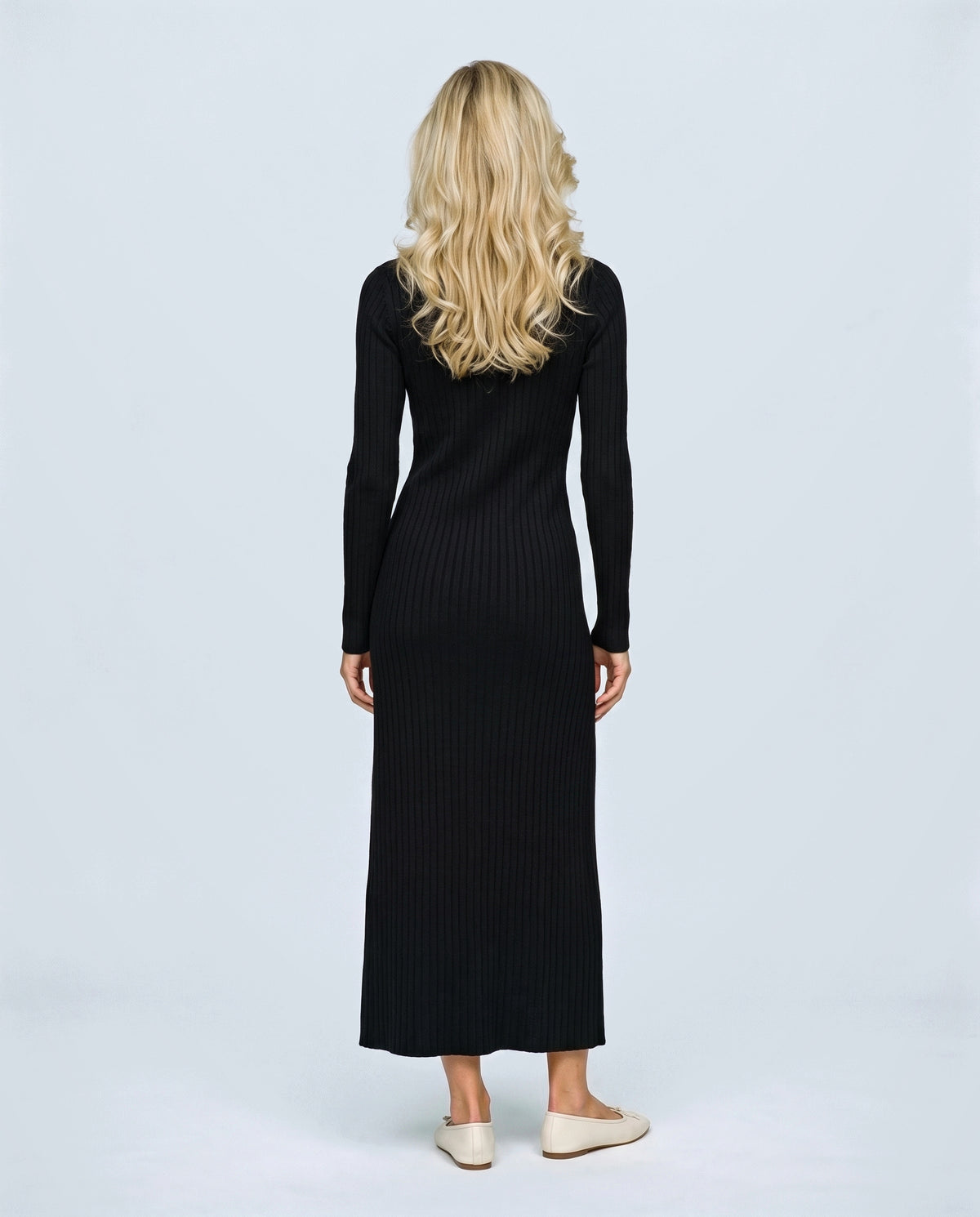 Elise Long-Sleeve Maternity Dress in Black, back view on a non-pregnant model