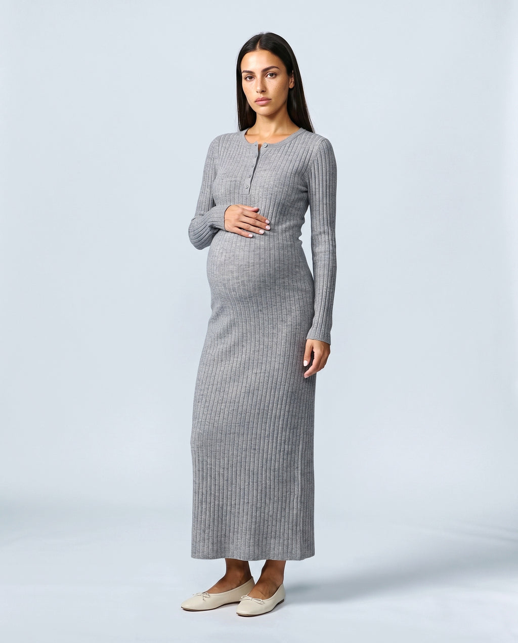 Elise Long-Sleeve Maternity Dress in Heather grey, front view