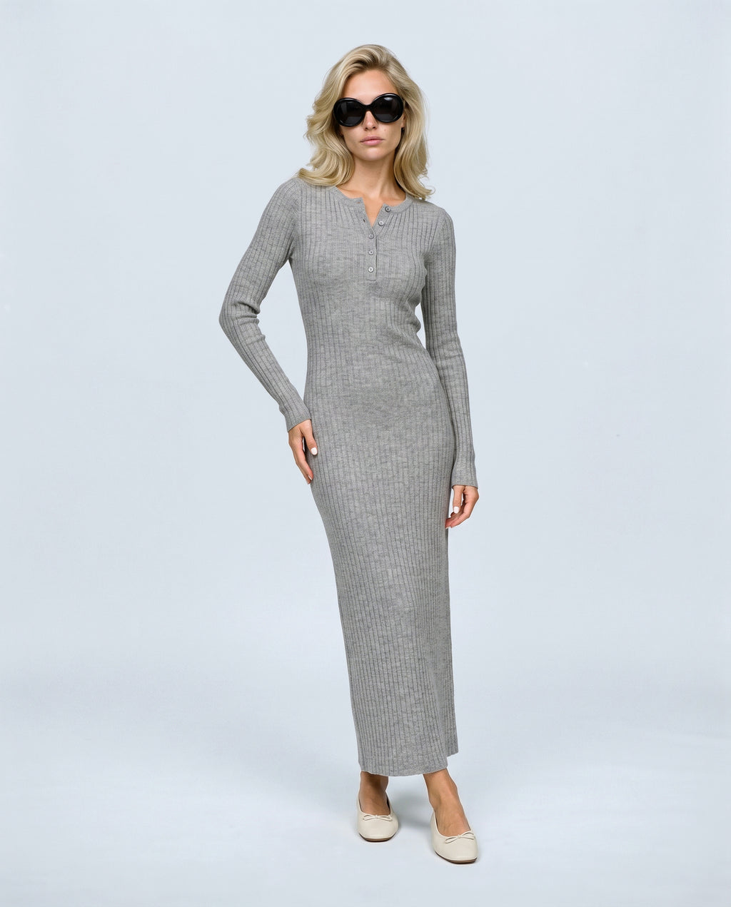Elise Long-Sleeve Maternity Dress in Heather grey, front view on a non-pregnant model