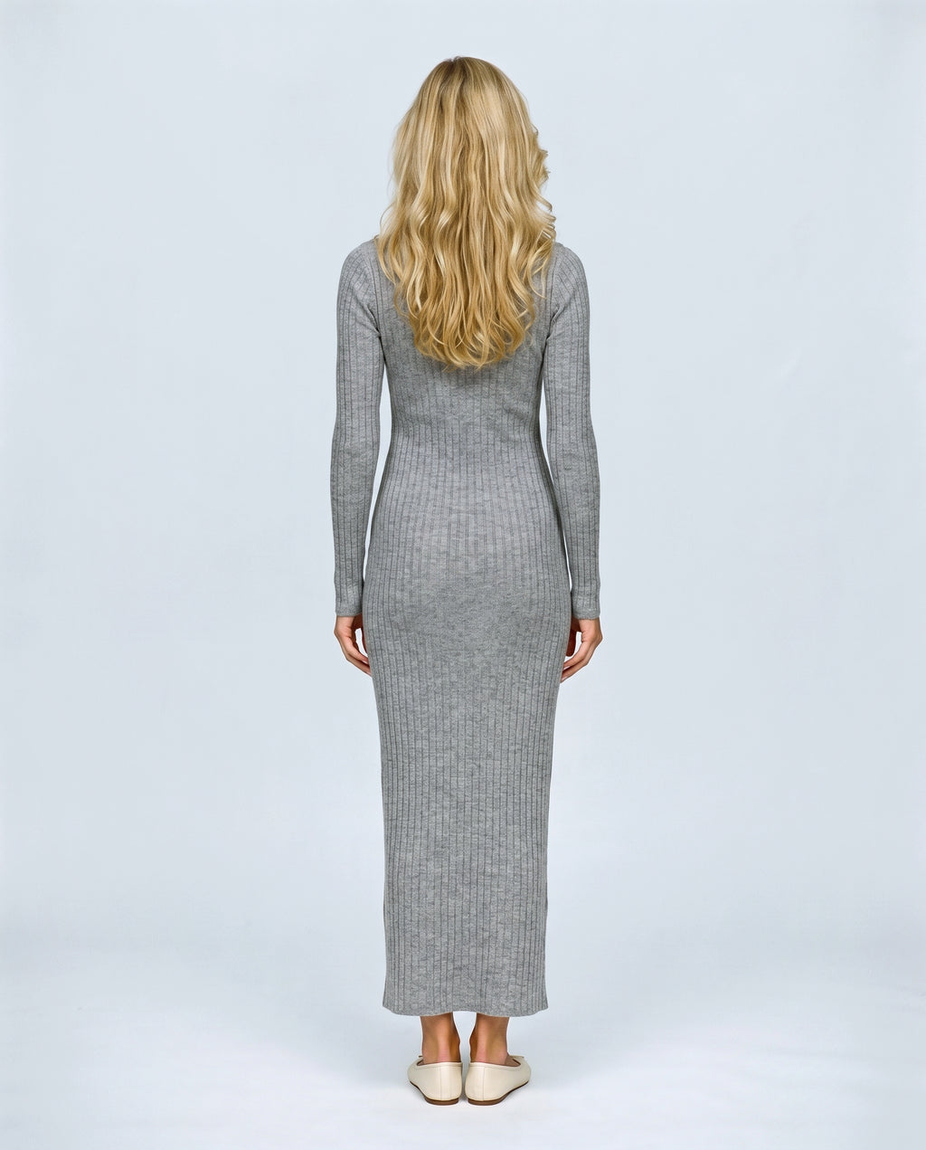 Elise Long-Sleeve Maternity Dress in Heather grey, back view on a non-pregnant model