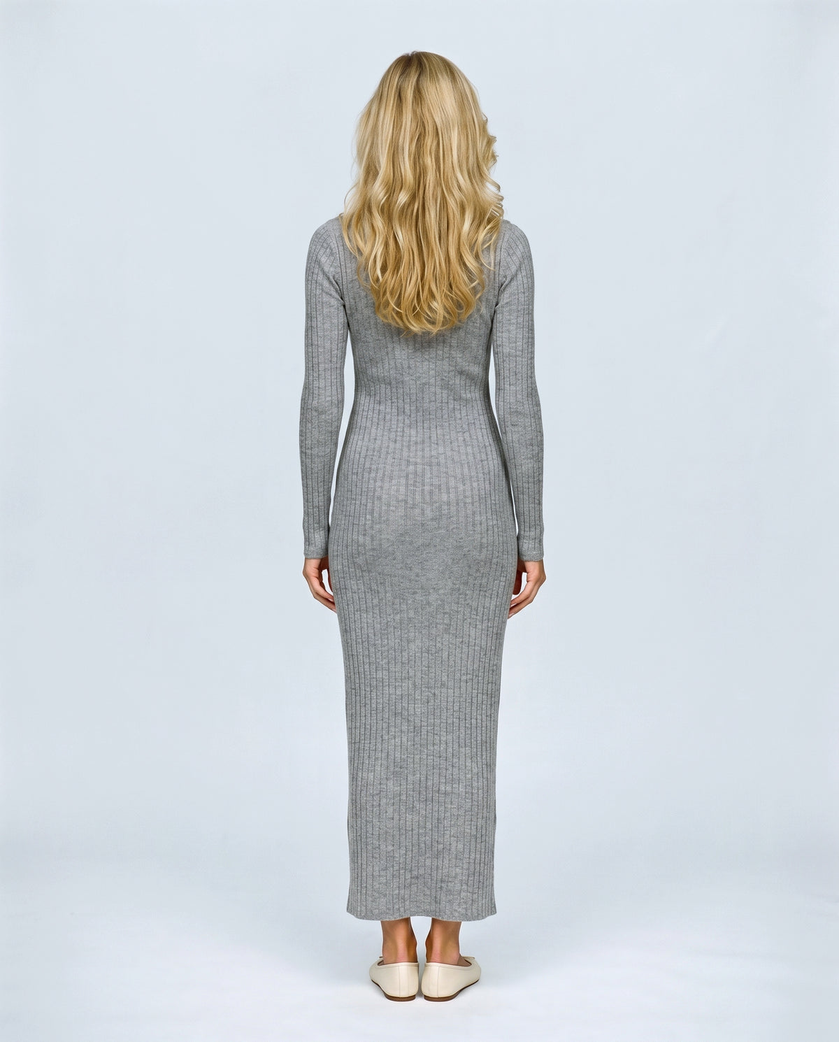 Elise Long-Sleeve Maternity Dress in Heather grey, back view on a non-pregnant model