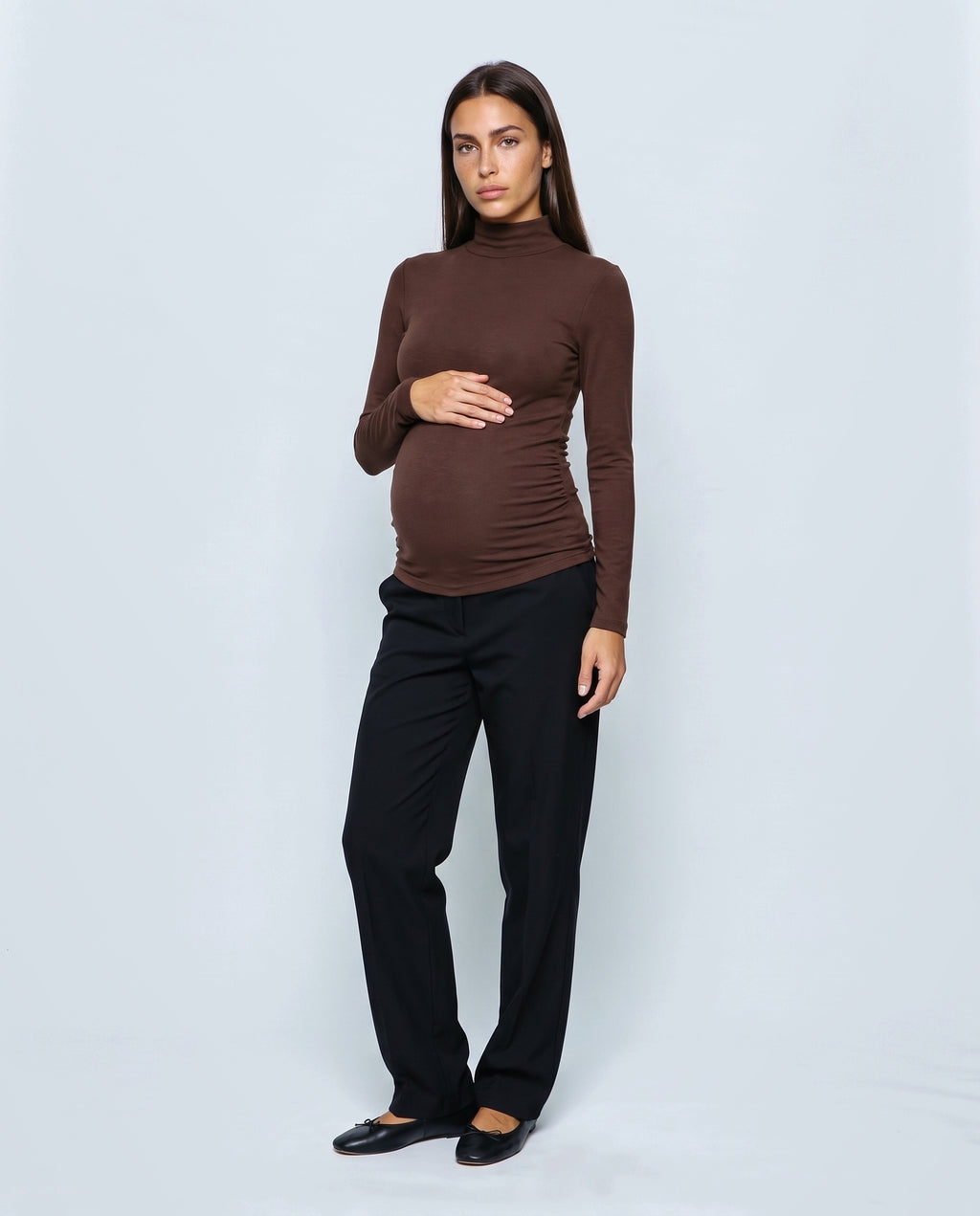 The Maternity Mock-Neck Top in Coffee, front view