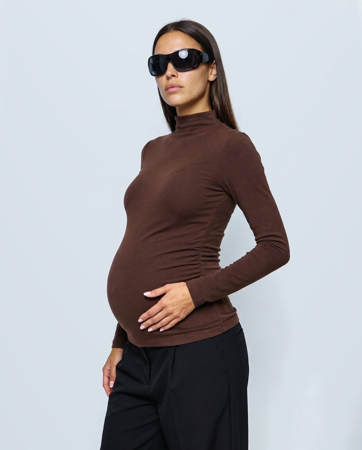 The Maternity Mock-Neck Top in Coffee, side view