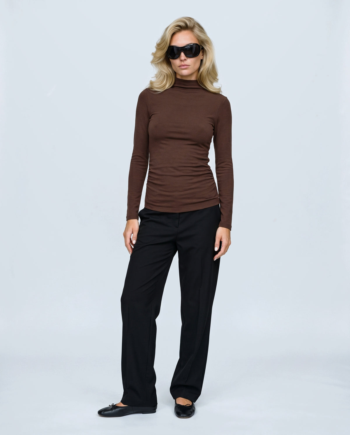 The Maternity Mock-Neck Top in Coffee, front view on a non-pregnant model