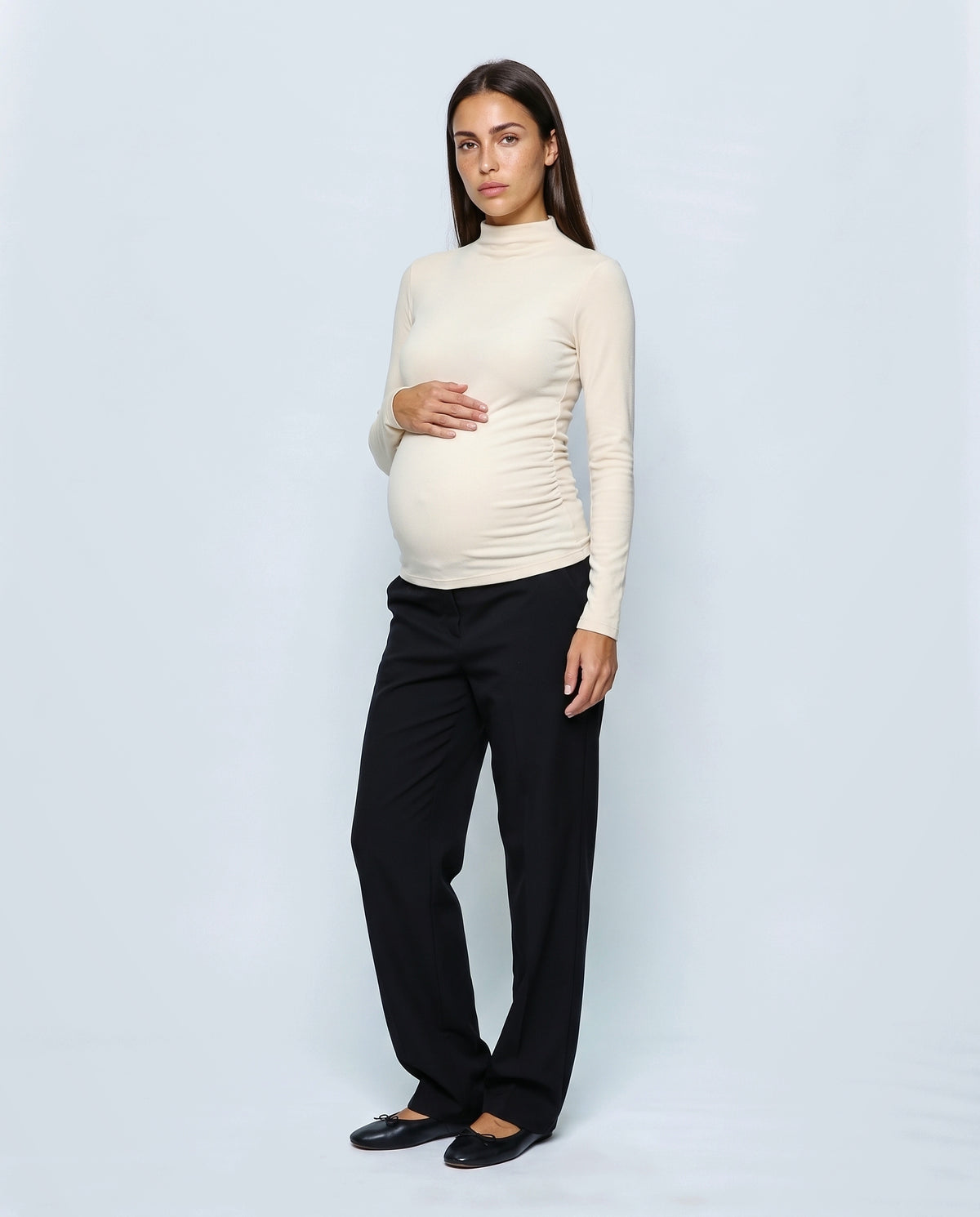 The Maternity Mock-Neck Top in Cream, front view