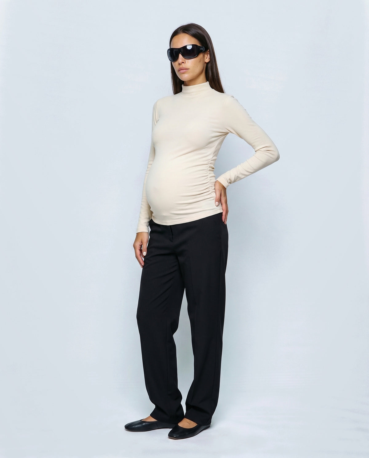 The Maternity Mock-Neck Top in Cream, side view