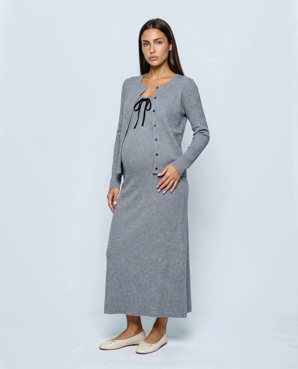 Margot Maternity Dress & Cardigan Set in Heather grey, front view