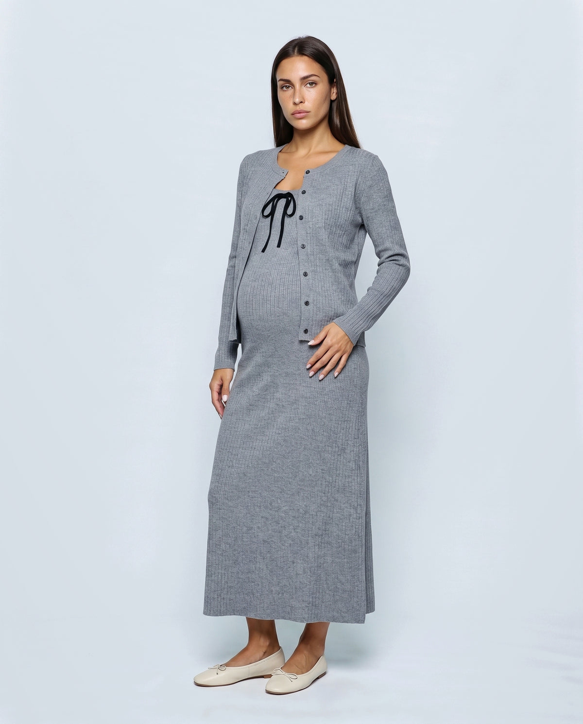 Margot Maternity Dress & Cardigan Set in Heather grey, front view