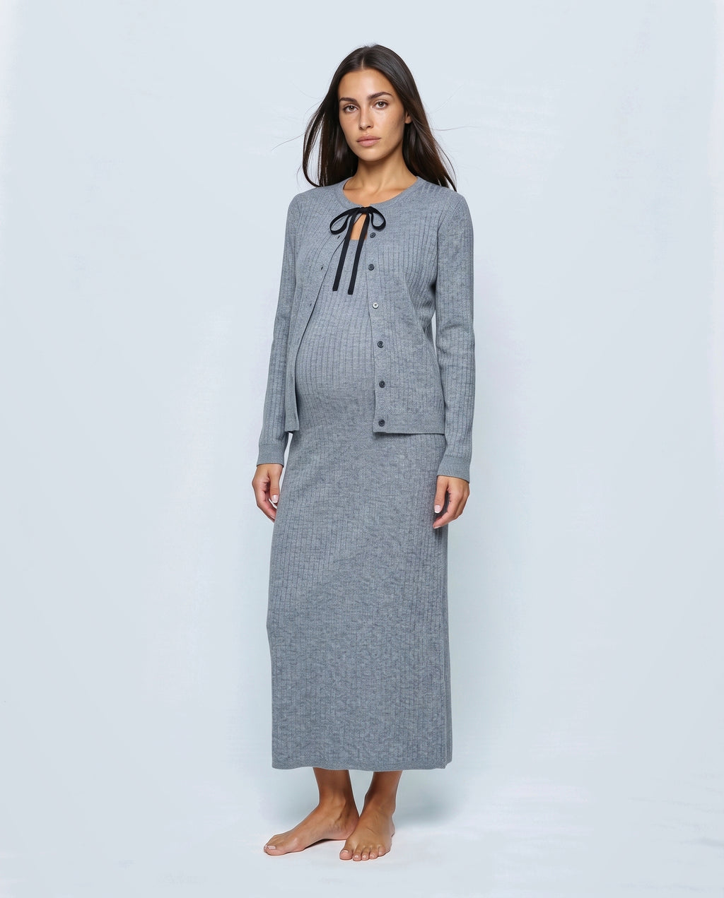 Margot Maternity Dress & Cardigan Set in Heather grey, closed over the bump