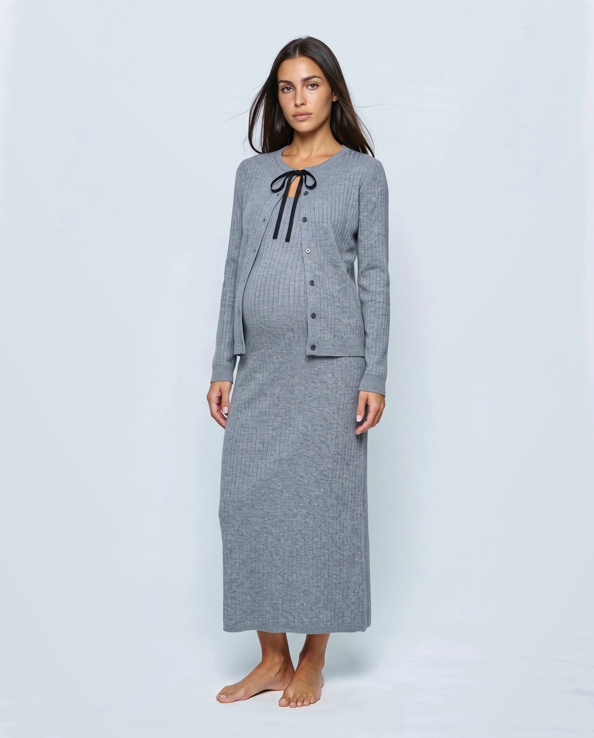 Margot Maternity Dress & Cardigan Set in Heather grey, closed over the bump